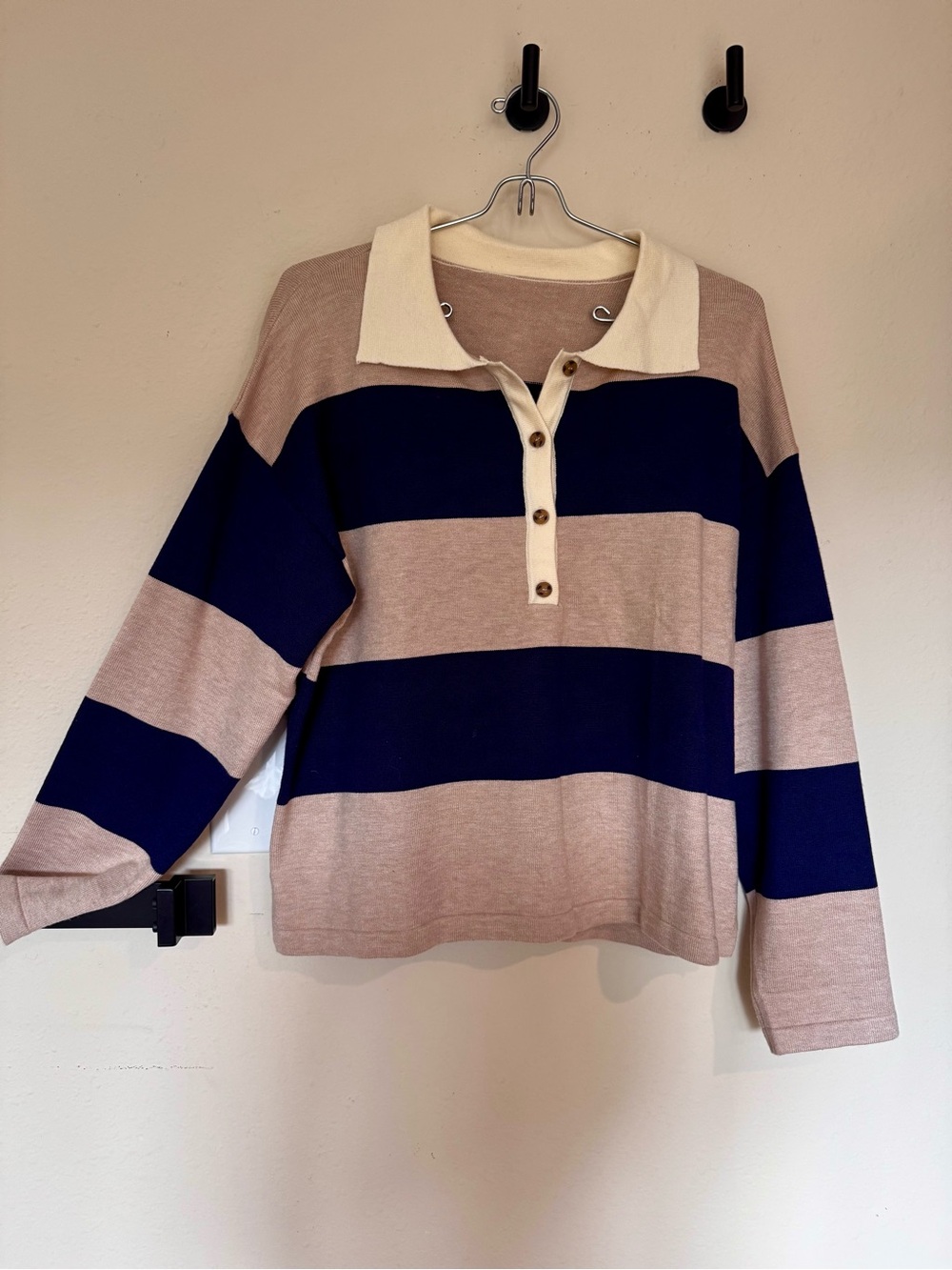 Striped Knit Polo Top in Beige and Navy